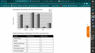 The bar chart below shows the amount spent on different types of advertising in the USA in 2003 and 2004. The table shows the six sectors which spent the most on advertising in the USA in 2003 and 2004.
