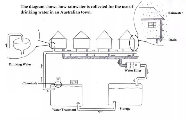 Task 1: The diagram shows how rainwater is collected for the use of drinking water in an Australian town. Summarise the information by selecting and reporting the main features and make comparisons where relevant.