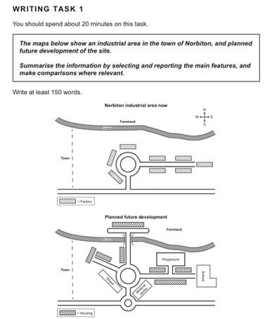 The maps below show an industrial area in the town Norbiton, and planned future development of the site.

summarize the information by selecting and reporting the main features, and make comparisons where relevant.
