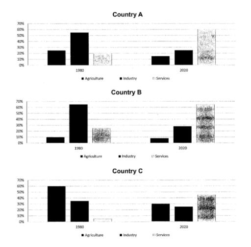 The charts below show the disproportions in employment and projections in country A, B and C in 1980 and 2020. Analyse each chart and make comparisons to offer your conclusion.