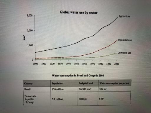 The graph and table below give information about water use worldwide and water consumption in two different countries. Summarise the information by selecting and reporting the main features, and make comparisons where relevant.