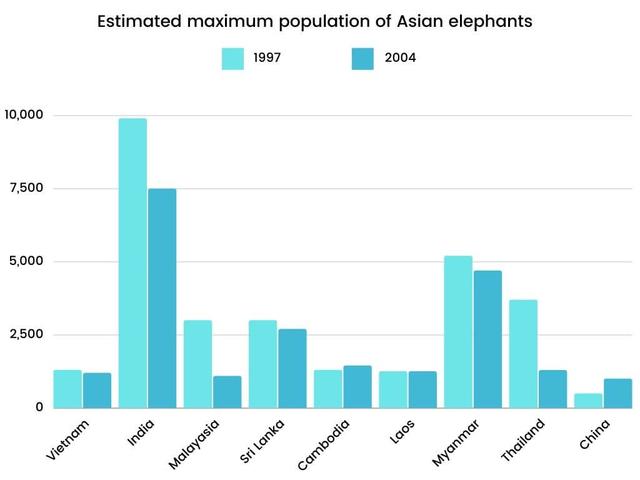 The graph below shows the changes in the maximum number of Asian elephants between 1997 and 2004. Summarise the information by selecting and reporting the main features, and make comparisons where relevant.