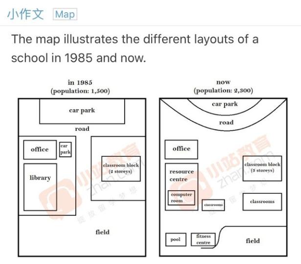 the map show school map in 1985 & now, describe it