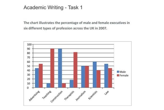 The chart illustrates the percentage of male and female executives in seven different types of profession across the UK in 2007. Summarise the information by selecting and reporting the main features, and make comparisons where necessary.