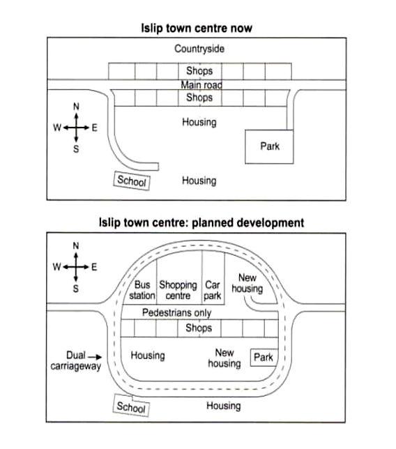 The maps below show the centre of a small town called Islip as it is now, and plans for its development. Summarise the information by selecting and reporting the main features, and make comparisons where relevant. Islip town centre now Countryside Shops Main road Shops Housing E Park School Housing Islip town centre: planned development W E Dual-» carriageway Bus Shopping Car station centre park Pedestrians only Shops Housing New housing New housing Park School Housing PA