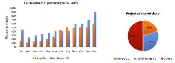 The bar chart below shows the estimated sales of jeans for two companies next year in Turkey. The pie chart shows the projected market share of the two companies in jeans at the end of next year.

Write a short report for a university lecturer describing the information shown below.