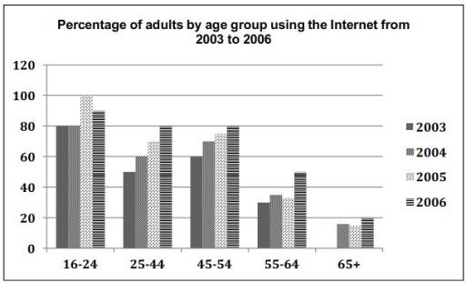 The chart below shows the percentage of adults of different age groups in the UK who used the internet everyday from 2003-2006.