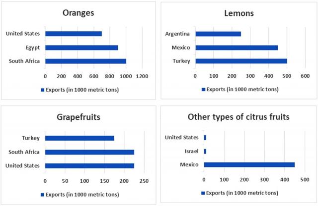 The charts show fresh fruit exports in 2010.