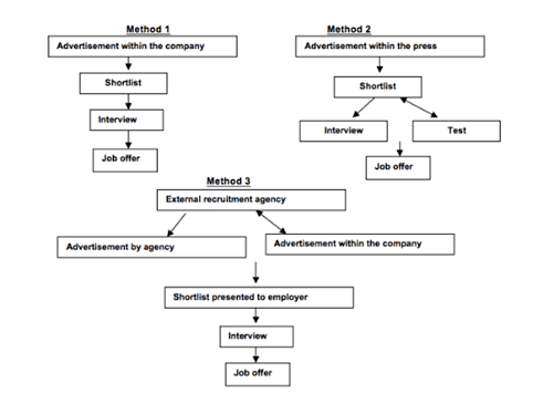 The diagrams below show three methods by which three companies choose to recruit new employees. Summarize the information by selecting and reporting the main features, and make comparisons where relevant.