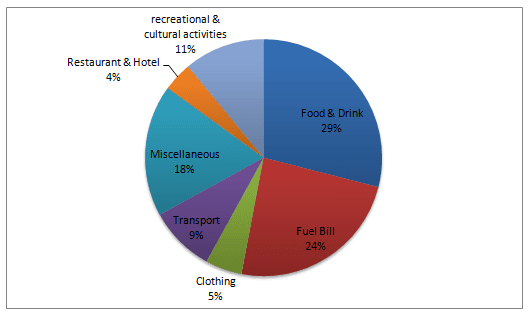 The charts below show the percentage of monthly household income spent on various items by two different groups in one European country.

Summarise the information by selecting and reporting the main features, and make comparisons where relevant.