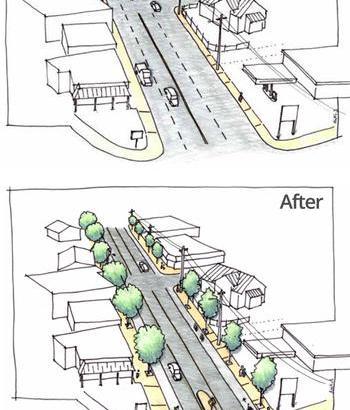 The diagram shows proposed changes to Foster Road.Write a 150-word report describing the proposed changes for a local committee