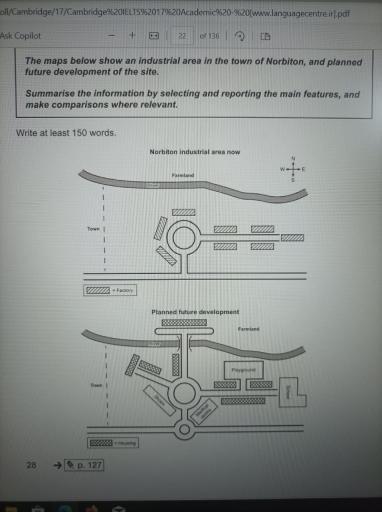 The maps below show an industrial area in the town of Norbiton, and planned future development of the site. Summarise the information by selecting and reporting the main features, and make comparisons where relevant. https://writing9.com/_next/image?url=https%3A%2F%2Fimages.writing9.com%2Fc6b1a9f0eebaf1397286967cd60d9673.png&w=1080&q=75