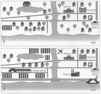 The maps below show the changes that have taken place at the seaside town of Brinslow between 1990 and 2005. Summarise the information by selecting and reporting the main features, and make comparisons where relevant.