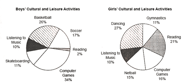 The pie graphs show the result of a survey of children’s activities. The first graph shows the cultural and leisure activities that boys participate in, whereas the second graphs shows the activities in which the girls participate in.