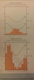 The graphs below show average monthly temperature and rainfall in two places in South Africa.