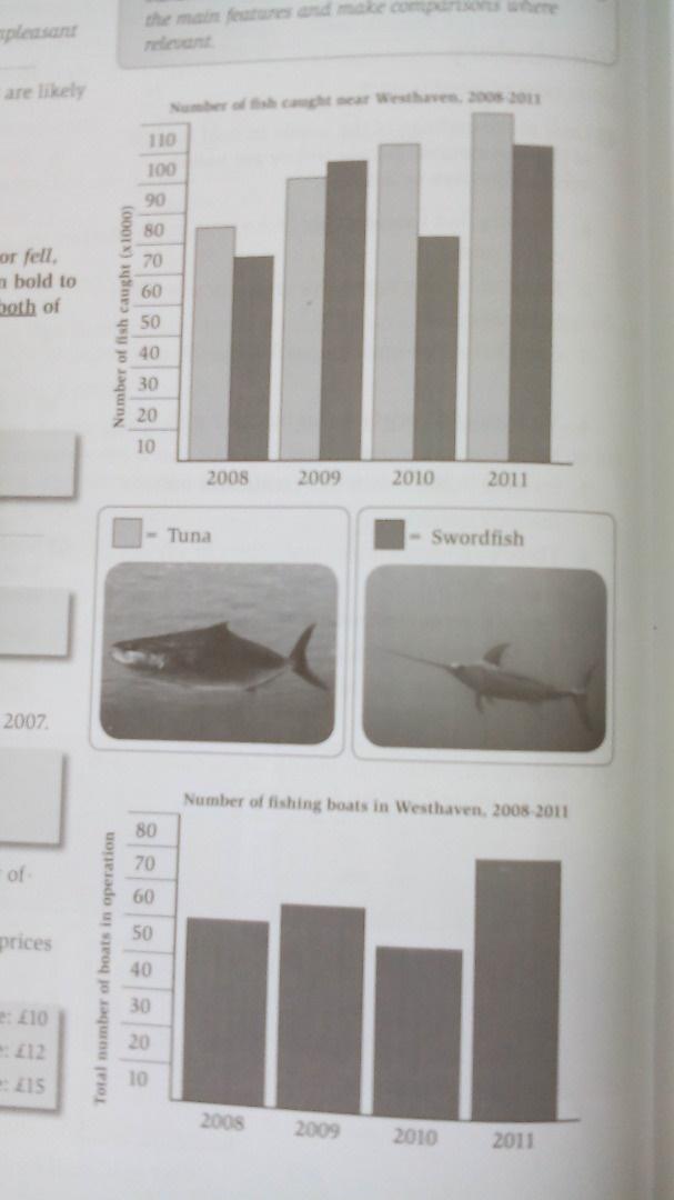 The charts below show information about the number of fish caught and the number of fishing boats used in Westhaven. Summarise the information by selecting and reporting the main features and make comparisons where relevant