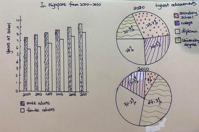 The bar chart illustrates the number of years at school of two sex in Singaporean, whereas the pie chart depicts the educational levels between 2000 to 2010.