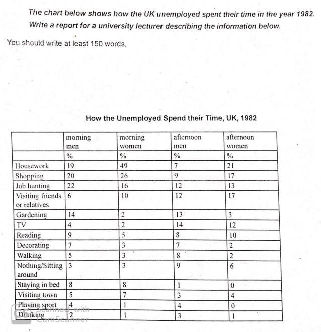 The chart below shows how the UK unemployed spent their time in the year 1982.

Write a report to a university lecturer describing the information below.
