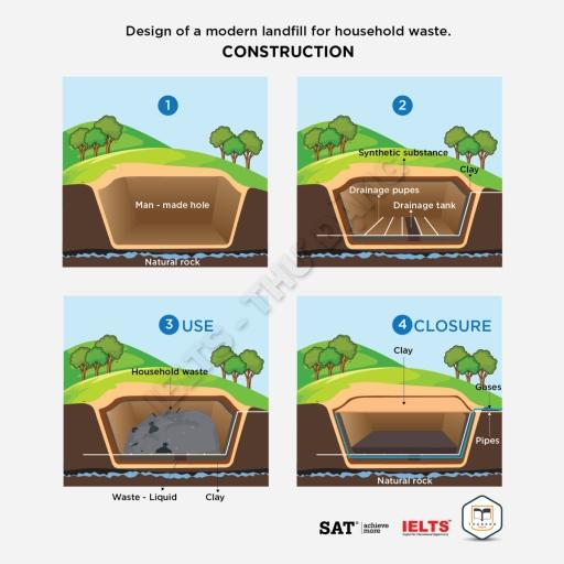 the diagram shows the design of a modern landfill for househole waste .summarise the informatioin by selecting and reportying the main feature and make comparisons where relevant.