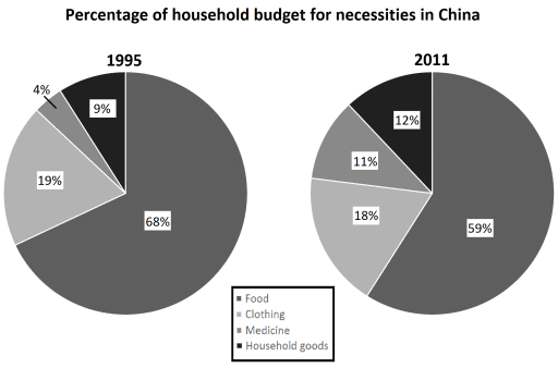 The chart below gives information about the household percentage of spending on essential goods in China for the years 1995 and 2011

Summarise the information by selecting and reporting the main features and make comparisons where relevant.