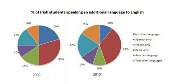 The charts below show the percentage of Irish students at one university who spoke an additional language to English from 2000 to 2010.