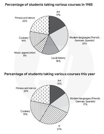 The pie charts give detailed information about the proportion of students who were offered to take different courses in the year 1985 and at present.