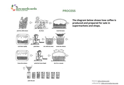 The diagram below shows how coffee is produced and prepared for sale in supermarkets and shops. Summarise the information by selecting and reporting the main features and make comparisons where relevant.