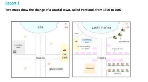 Two maps show the change of a coastal town, called Pentland, from 1950 to 2007.