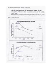 1.The two graphs below show the percentage of smokers and the consumption of alcohol in litres in selected countries, for the period 1960-2000.

Summarize the information by choosing and reporting the key features, and make any relevant comparisons.