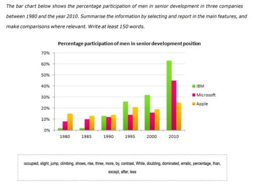 The bar chart below shows the percentage participation of men in senior development in three companies between 1980 and the year 2010 . Summaries the information by selecting and reporting in the main features, make comparisons where relevant .