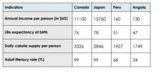 The table below shows social and economic indicators for four countries in 1994, according to United Nations statistics. Summarise the information by selecting and reporting the main features, and make comparisions where relevant.
