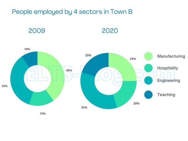 The charts below describe 4 sectors of employment, in 2009 and 2020, in two towns. Summarise the information by selecting and reporting the main features, and make comparisons where relevant.