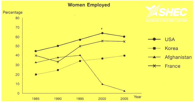 You should spend no more than 20 minutes on this task.

This line graph shows the percentage of women who were employed in four countries

from 1985 to 2005.

Write a report for a university lecturer describing the information.

You should write at least 150 words.