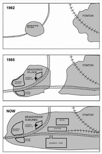 The maps show changes in the village of Meadowside and the town of Fonton from 1962 to now. Write a report of at least 150 words describing the main features and making comparisons where relevant.