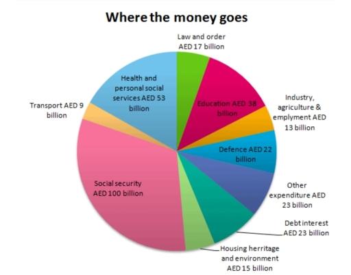 Topic: The pie chart gives information on UAE government spending in 2000. The total budget was AED 315 billion.