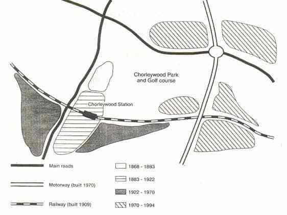 The map shows the change of a village called Chorleywood between 1868 and 1994.