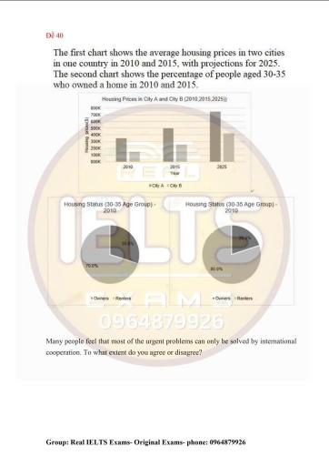 The first chart shows the average housing prices in two cities in one country in 2010 and 2015, with projections for 2025. The second chart shows the percentage of people aged 30-35 who owned a home in 2010 and 2015.