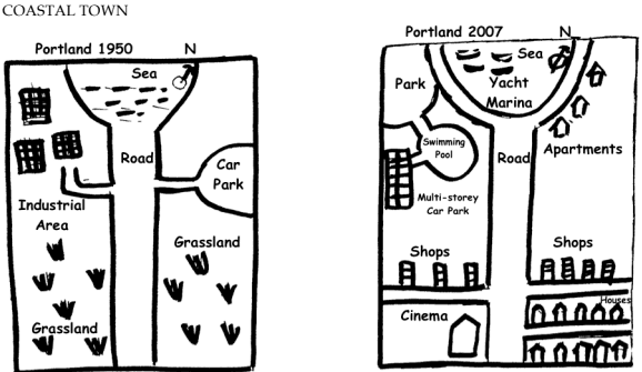 The diagram below shows the changes, which took place in a coastal area called Pentland from 1950 to 2007. Write a report for a university lecturer describing the diagrams below.