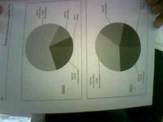 The two pie charts show the sources of income of ANZ theatres and heritage trust, à government funded organisations, in the year 1980 and 2000. Summaries the information by selecting and reporting the main features and make comparisons where relevant.