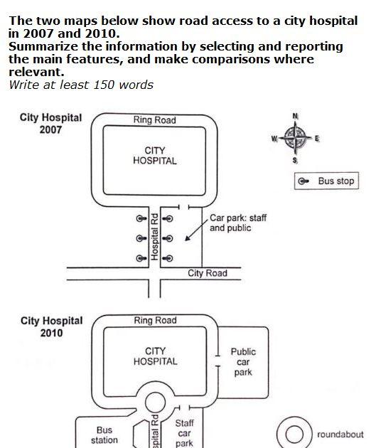 The map below shows the road access to a city hospital in 2007 and 2010.
