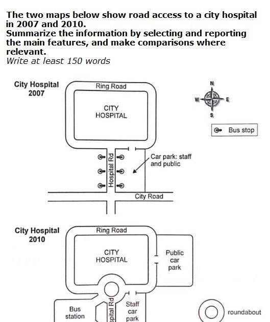 The map below shows the road access to a city hospital in 2007 and 2010.