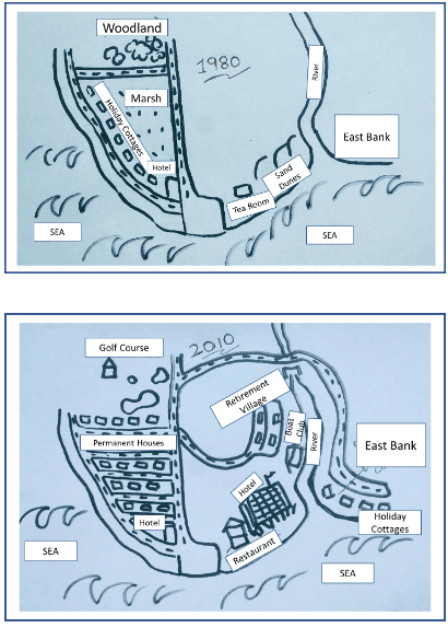 The maps illustrate remarkable transformations in the coastal village of Seaville over a 30-year period, starting from 1980.