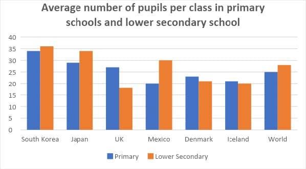 The bar chart shows the average size class in primary schools and lower secondary schools in 6 countries compared to the world average in 2006.