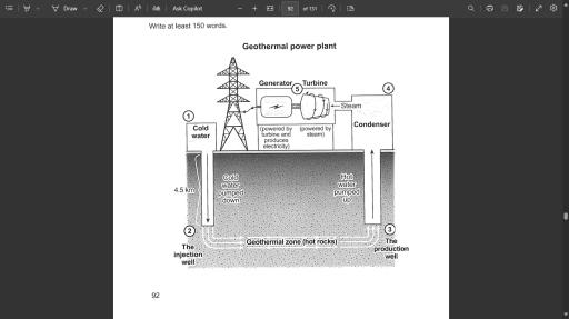 The diagram below shows how geothermal energy is used to produce electricity. Summarise the information by selecting and reporting the main features, and make comparisons where relevant.