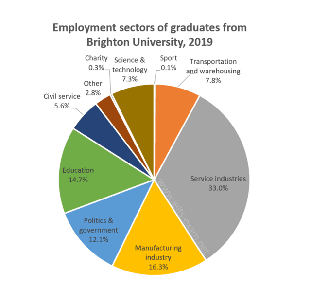 The pie charts show professions chosen by female graduates of a certain university. Summarize the information by selecting and reporting in the main features and make comparisons where relevant