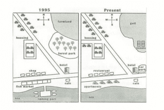 The map below shows the development of a seaside village between 1995 and the present. Summarise the information by selecting and reporting the main features, and make comparisons where relevant.