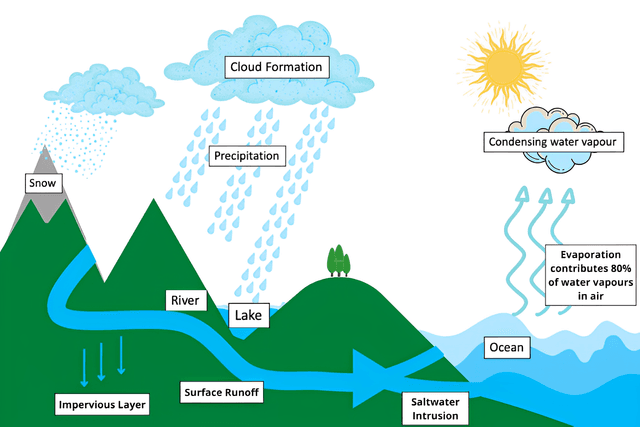 The diagram below shows the water cycle, which is the continuous movement of water on, above and below the surface of the Earth.  Summarise the information by selecting and reporting the main features and make comparisons where relevant.   Write at least 150 words.   (20 mins.)