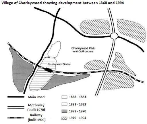 The map shows the village of Chorleywood showing development between ...