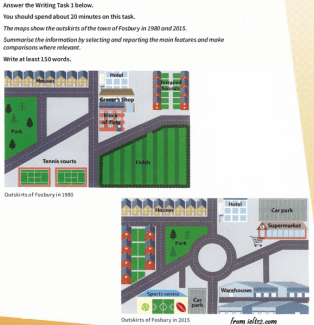 The two maps depict various changes that took place in the suburb of the residential town of Fosbury between 1980 and 2015. The 35-year period saw changes to the road layout, and to the residential, recreational and commercial facilities.