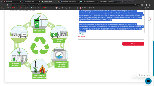 The diagram below shows how glass is recycled.

 Summarise the information by selecting and reporting the main features, and make comparisons where relevant.

You should write at least 150 words.
